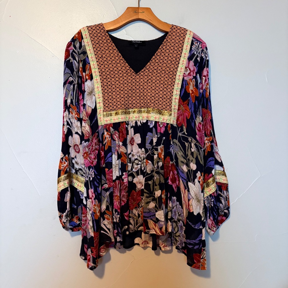 RD + Koko Women Navy Blue Floral Boho Peplum Peasant Top Embroidered V-Neck L - Picture 1 of 8